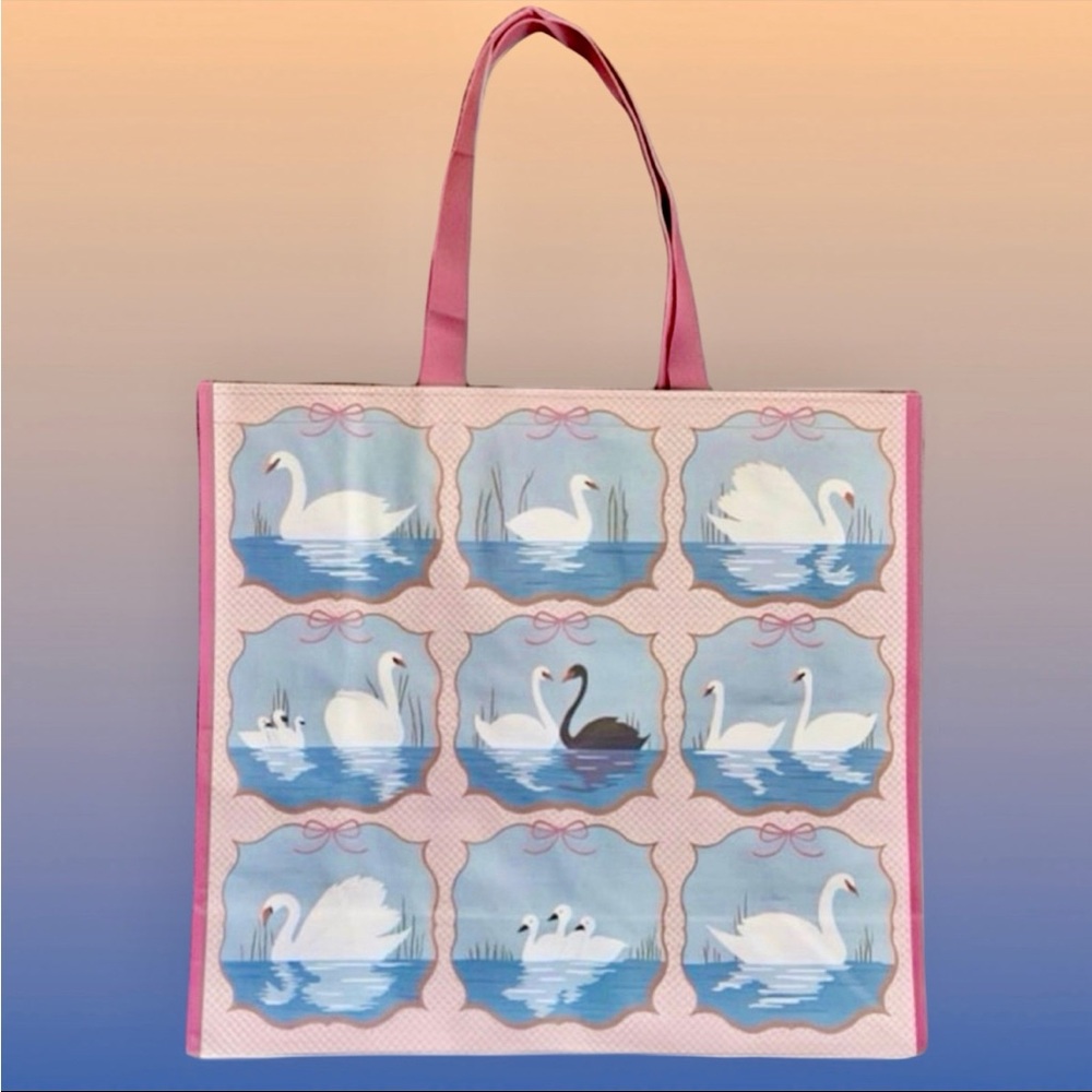 NWT Large Reusable Bag w/Handles Pastel Blue Pixel Swans | Marshalls 18"x 19"